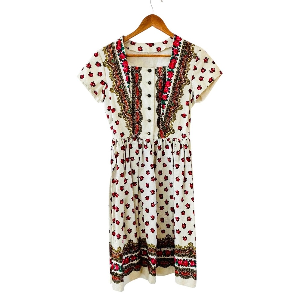 Vintage Prairie Cottagecore Dress Floral Rose‎ Boho Folk Button Front S